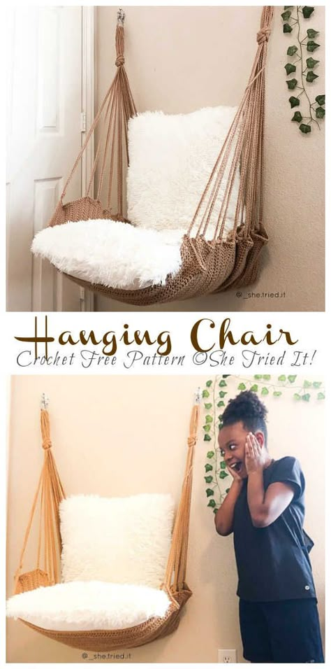 Free Macrame Hammock Patterns, Chrochet Furniture, Crochet One Ball Projects, Macrame Chair Patterns Free, Crochet Hanging Chair Pattern Free, Free Macrame Hanging Chair Patterns, Crochet Storage Pattern Free, Crochet Hanging Room Decor, Crochet Hammock Chair