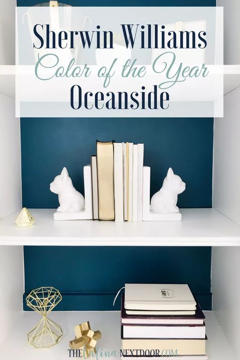 Sherwin Williams Color of the Year Oceanside Bookshelves - The Latina Next Door Zyla Colors, Staircase Makeover, Bookcase Styling, Furniture Flip, Sherwin Williams Colors, Texas House, Hearth Room, Bookshelf Styling, Accent Wall Bedroom