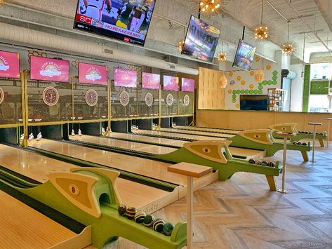 Richard DeShantz Restaurant Group Opens Coop De Ville | Pittsburgh Magazine Lodge Basement, Candlepin Bowling, Duckpin Bowling, Home Bowling Alley, Duck Pin, Kids Bowling, Classic Cabinets, Mini Bowling, Skee Ball