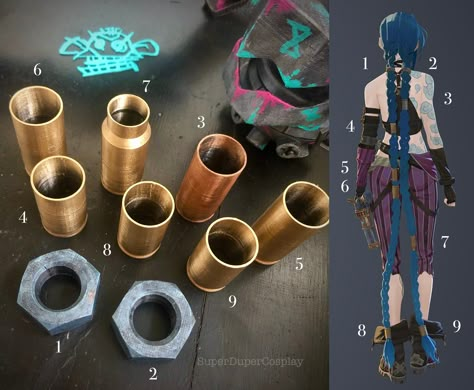 Introducing my Jinx inspired 9 piece hair set! Guaranteed to help finish off your cosplay and give your wig that extra WOW factor!  These 3d printed items are lightweight and sturdy, meaning you do not have to worry about them getting damaged or weighing you down whilst wearing them. Great for cosplay or simply used for decoration purposes! FEATURES: This 9 piece set includes the following: 2 x Gold Accessory (long) 1  x Bronze Accessory (long) 3 x Gold Accessory (short) 1  x Gold Accessory (cur Arcane Jinx Cosplay, Jinx Braids, Arcane Costume, Jinx Hair, Jinx Wig, Cosplay Jinx, Blue Cosplay Wig, Vi Cosplay, Blue Cosplay