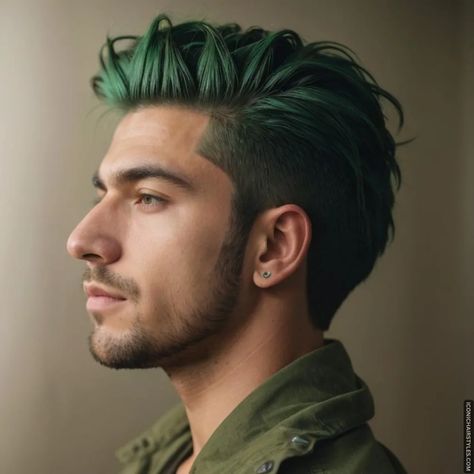 Medium Length Hairstyles for Men Green Hair Color Men, Men Green Hair, Mens Dyed Hair Ideas, Green Hair Men, Black And Green Hair, Dimensional Hair, Dimensional Hair Color, Dark Green Hair, Male Aesthetic