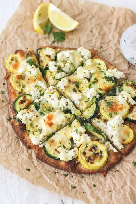 Zucchini and Lemon Ricotta Flatbread Appetizer For Two, Broiled Zucchini, Ricotta Flatbread, Lemon Pizza, Ricotta Pizza, Toaster Oven Recipes, Ricotta Recipes, Zucchini Pizzas, Lemon Ricotta