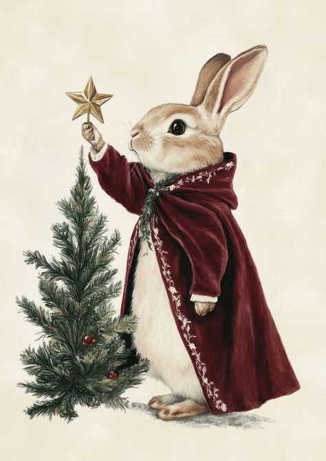 A Rabbit in a velvet Christmas cape christmas rabbit illustration. | free image by rawpixel.com / Fluke Christmas Rabbit Illustration, Christmas Neutral, Christmas Rabbit, Cypress Knees, Illustration Tree, Bunny Illustration, Rabbit Christmas, Bunny Christmas, Christmas Card Illustration