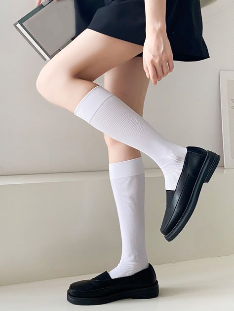 White  Collar  Polyamide Plain Over the Calf Socks Embellished   Women Socks & Hosiery Over The Calf Socks, Women Socks, Beauty Leg, Calf Socks, Socks And Hosiery, White Collar, Sock Shoes, Cute Fashion, Knee High Sock