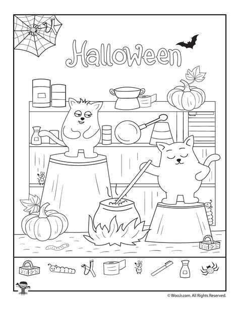 Halloween Find the Item Activity | Woo! Jr. Kids Activities : Children's Publishing Activity Book Printable, Hidden Pictures Printables, Highlights Hidden Pictures, Visual Perceptual Activities, Free Kindergarten Printables, Hidden Picture Puzzles, Halloween Party Activities, Preschool Art Projects, Critical Thinking Activities