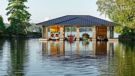 boathouse Boathouse Architecture, Muskoka Boathouse, Lake House Dock, Boathouse Design, Lakefront Cabin, Dock Ideas, Neoclassical House, Lakefront Living, Lakefront Property