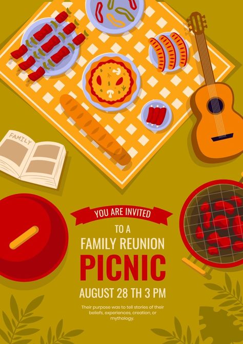 Doodle Flat Picnic Family Reunion Invitation Picnic Flyer Design, Picnic Graphic Design, Picnic Layout, Picnic Poster Design Graphics, Picnic Party Invitations Templates, Picnic Graphic, Family Picnic Invitations, Picnic Invite Template Free Printable, Picnic Poster