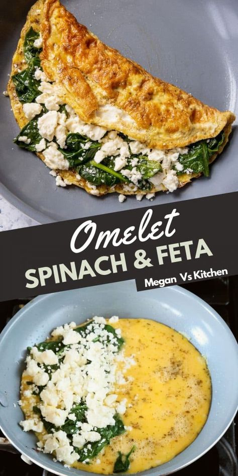 This Spinach and Feta Omelet is a super easy and delicious 10-minute breakfast. It has eggs, spinach, feta cheese, oregano, and garlic powder. Eggs Spinach Feta Breakfast, Feta Cheese And Spinach Recipes, Egg Feta Spinach Breakfast, Spinach Eggs Recipe, Eggs Feta Cheese Breakfast Recipes, Eggs With Feta Cheese Breakfast, Omlet With Spinach And Cheese, Easy Savoury Breakfasts, Spinach Feta Omelette Recipe