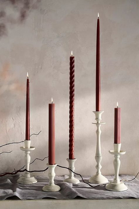 Mixed Taper Candles, Set of 10 Clay | Anthropologie Burgundy Taper Candles, Danica Candles, Diy Taper Candles, Taper Candle Centerpiece, Candle Tablescapes, Candle Table Setting, Fall Candle Centerpieces, Colored Taper Candles, Mocha Mousse