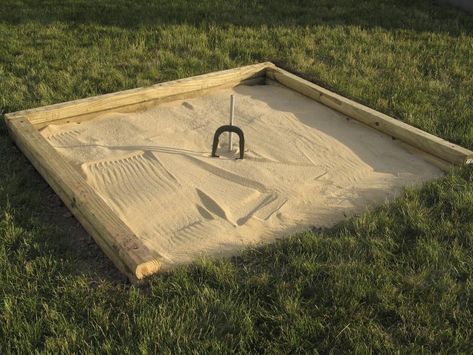 Regulation Horseshoe Pit, Horseshoe Pit Dimensions, Backyard Dyi, Fire Pit Ring, Small Backyard Gardens, Pallet Garden, Yard Games, Backyard Games, Fire Pit Backyard