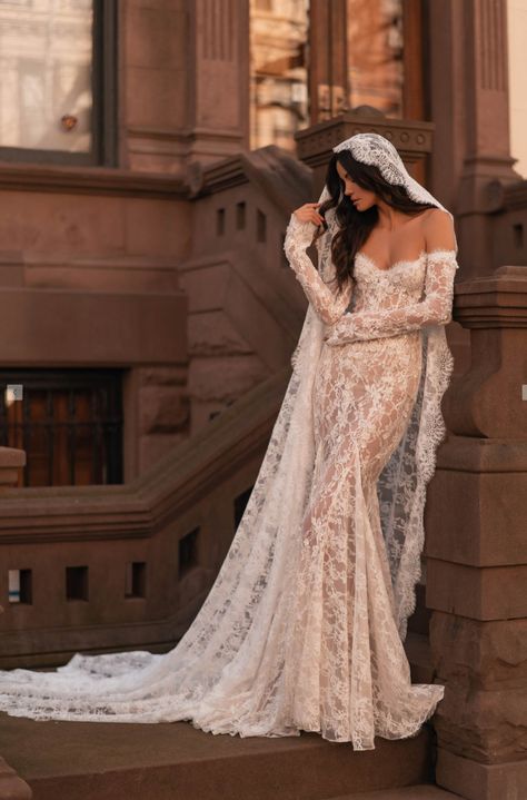 Elegant Wedding Dress Lace Sleeves, Boho Sequin Wedding Dress, Romantic Lace Wedding Dress With Sleeves, Elegant Wedding Dress Mermaid Lace, Lana Del Rey Wedding Dress Aesthetic, Wedding Dresses Gothic White, Lace Elopement Dress, Spanish Inspired Wedding Dress, Long Sleeve Casual Wedding Dress