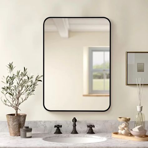 Briella Rectangle Metal Wall Mirror Mirrors For Bathroom, Frame Bathroom, Scalloped Mirror, Black Wall Mirror, Arch Mirror, Mirror Shapes, Led Mirror Bathroom, Rounded Rectangle, Mdf Frame