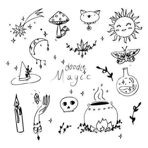 Magical doodle illustrations set of whit... | Premium Vector #Freepik #vector #business-doodle #illustrations #trending #hand-drawn-illustration June Doodles, Business Doodles, Journal Headers, Doodle Illustrations, Magic Doodle, Bullet Journal Headers, Magic Drawing, Mystic Illustration, Doodle Pages