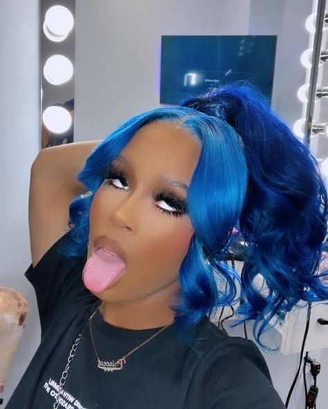 Blue Frontal Ponytail, Blue Updo Wig, Double Frontal Ponytail With Color, Frontal Ponytail With Color, Double Frontal Ponytail Hairstyles, Blue Hairstyles For Black Women, Blue Frontal Wig, Double Frontal Ponytail, Blue Hair Black Women