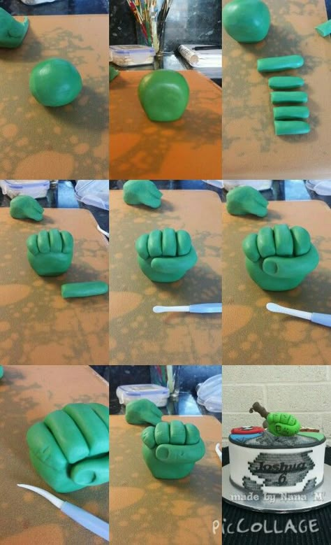 My tutorial for hulk hand, made with fondant & tylo powder also cocktail stick for support :-) Kue Fondant, Hulk Birthday Parties, Hulk Birthday, Marvel Cake, Superhero Birthday Cake, Buku Harry Potter, Superhero Cake, Spiderman Cake, Fondant Tutorial