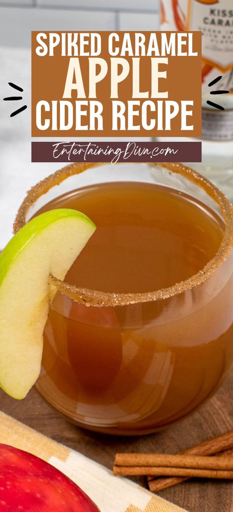 This spiked caramel apple cider recipe is like a cozy in a cup! Made with caramel vodka, spiced rum and apple cider, this is a super tasty and fun fall or winter cocktail recipe that you have to try out this cozy season! Apple Drinks Alcohol, Spiked Caramel Apple Cider, Spiked Apple Cider Recipe, Spiced Rum Drinks, Caramel Apple Cider Recipe, Homemade Cider, Caramel Apple Cider, Apple Cider Punch, Apple Cider Drink