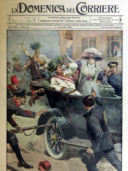 The first page of the edition of the Domenica del Corriere, an Italian paper, with a drawing of Achille Beltrame depicting Gavrilo Princip killing Archduke Francis Ferdinand of Austria in Sarajevo. Triple Entente, International University, Pulp Art, Nagasaki, Interesting History, Military History, Serbia, First World, Newspaper