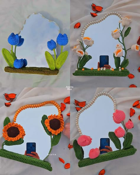 Cute Crochet Room Decor, Flower Mirror Diy, Crochet Mirror, Mirror Craft, Fuzzy Wire, Stand Mirror, Cute Mirror, Pipe Cleaner Flowers, Flower Mirror