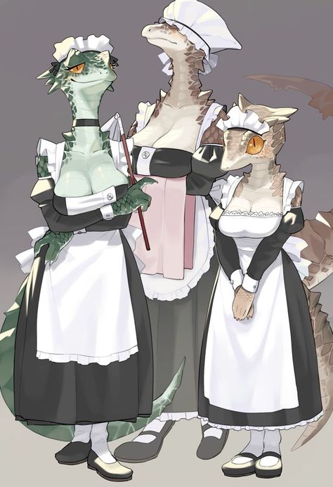 #121982 - safe, artist:kame, lizard, reptile, anthro, 2021, big breasts, breasts, cleavage, clothes, female, females only, horns, maid, maid outfit, scales, tail, trio, trio female - Furbooru Lizard Woman Art, Argonian Female, Lizard Woman, Lizard Girl, Monster Girl Encyclopedia, Anime Monsters, Maid Outfit, The Elder Scrolls, Monster Girls