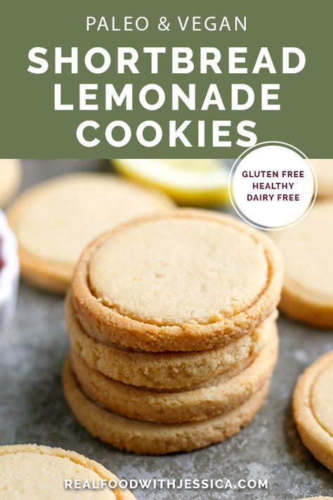 These Paleo Vegan Shortbread Lemonades are a copycat version of the popular Girl Scout cookie. Made with just 6 ingredients and so delicious! Gluten free, dairy free, egg free, and naturally sweetened. #paleo #vegan #glutenfree #dairyfree #eggfree #healthy | realfoodwithjessica.com via @realfoodwithjessica Lemonade Girl Scout Cookies, Vegan Shortbread, Indian Vegan, Lemon Shortbread Cookies, Popular Cookies, Paleo Cookies, Paleo Vegan, Paleo Dessert, Gluten Free Cookies