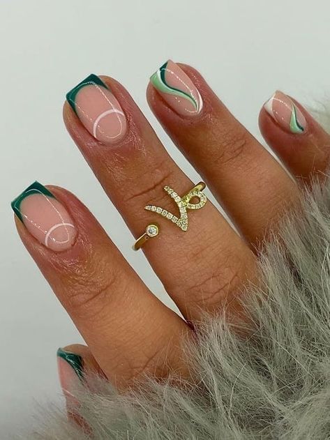 dark green french short nails with swirls Pink Earth, Do It Yourself Nails, Green Acrylic Nails, St Patricks Day Nails, Dark Green Nails, French Pink, Green Nail Designs, Work Nails, Cute Gel Nails