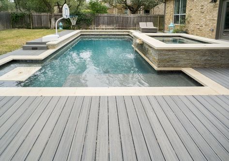 Trex Deck Around Inground Pool, Pool With Decking Surround, Trex Pool Deck Ideas, Pool Wood Deck, Wooden Pool Deck, Wood Pool Deck, Decks Around Pools, Stock Pools, Decking Options