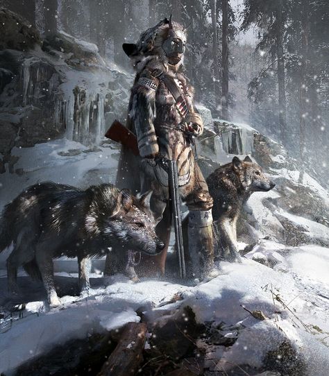 Winter Hunter, Brock Grossman on ArtStation at https://www.artstation.com/artwork/xJZbmX Action Outfits, Winter Hunter, Hunters In The Snow, Wolf Art Fantasy, Ajin Anime, Fantasy Lovers, Zooey Deschanel, Game Inspiration, Animal Companions