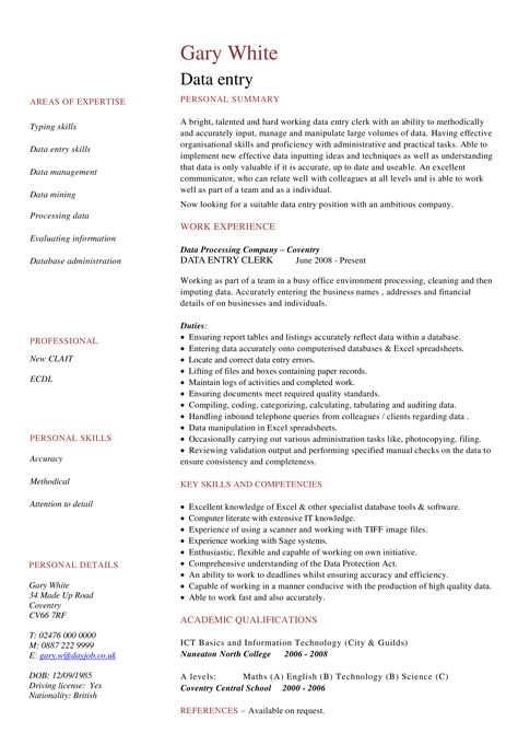 Cv For Data Entry, Data Entry Resume, Work Resume, Simple Resume Format, Cv Ideas, Data Entry Clerk, Job Application Cover Letter, Typing Skills, Microsoft Excel Tutorial