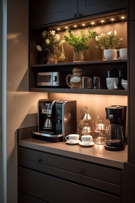 Coffee Bar Ideas Luxury, Small Coffee Bar Ideas Kitchen, Coffee Bar Home Modern, Black Coffee Bar Ideas, Coffee Corner Modern, Kitchen With Coffee Station, Coffee Station Ideas Small, Coffe Corners Design, Coffee Corner Ideas Modern