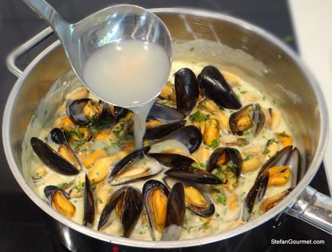 Mussels with Blue Cheese (Moules au Roquefort) – Stefan's Gourmet Blog Blue Cheese Recipes, Blue Cheese Sauce, Mussels Recipe, European Recipes, Clam Recipes, Seafood Dinner, European Food, Seafood Dishes, Blue Cheese