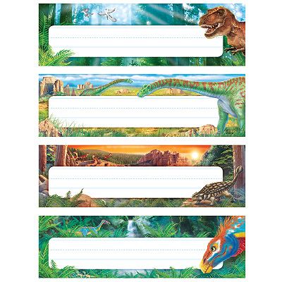 Discovering Dinosaurs™ Desk Toppers® Name Plates Variety Pack | TRENDenterprises.com Desk Toppers, Dinosaur Photography, Jungle Pictures, Dinosaur Classroom, Fun Messages, Name Tag Templates, Backdrops Kids, Dinosaur Images, Dinosaur Pictures