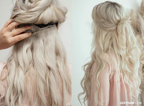 Hair Extension Tips And Tricks, Clip Extensions, Hair Extensions Tutorial, Long Shag Hairstyles, Luxy Hair Extensions, Hair Extensions For Short Hair, Seamless Hair Extensions, Half Ponytail, Blonde Hair Extensions