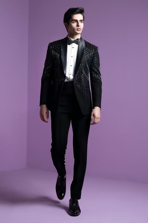 Designer Tuxedo & Suits For Men | Menswear Collection Online Black Tuxedo For Black-tie Gala, Black Tuxedo For Black-tie Gala Events, Black Tuxedo For Gala Evening, Black Evening Suits For Gala, Black Tuxedo For Party Wear And Festive Occasions, Luxury Black Suits For Gala Events, Designer Black Festive Suits, Elegant Sequined Suits For Evening, Designer Embroidered Tuxedo For Parties