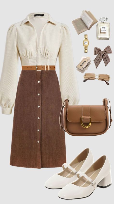 #modestfashion #oldmoney #vintage #vintageaesthetic #classy #outfit #academia #schoolfit #churchoutfit #modest #neutral #brown #skirt #outfitideas 70s Inspired Outfits, Modest Outfit, Modesty Outfits, Cute Modest Outfits, Casual Outfit Inspiration, Brown Skirt, Dress Up Outfits, Classy Work Outfits, Fashion Now