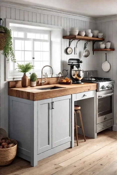 Blending style and functionality in a small space Small Ranch Kitchen Remodel, One Sided Kitchen Layout, Small One Wall Kitchen, Small Space Kitchen Ideas, Small Kitchens With Islands, Tiny Kitchen Ideas Apartments, Small Square Kitchen, Small Narrow Kitchen, Adu Interior