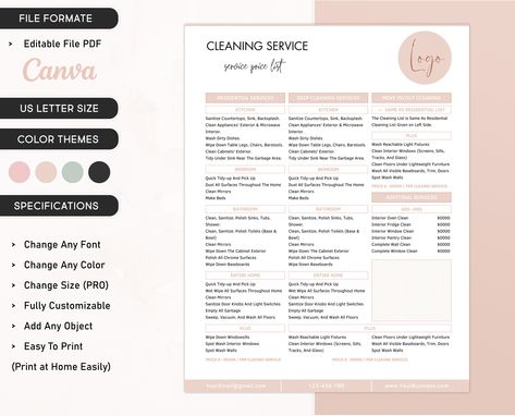 "Professional Cleaning Service Price List Editable Pricing List Commercial Cleaning Price Sheet House Cleaning Template Cleaning Service Form Behold the editable Cleaning Service Price List, a canvas of convenience and flexibility. Like the brushstrokes of a skilled artist, it adapts to meet your bespoke needs, ensuring a tailored experience that sparkles with perfection. This waltz of customization allows you to choreograph a symphony of services, from a gentle dusting of simplicity to a deep clean crescendo that leaves spaces gleaming like a sunlit morning. With every line you modify, you orchestrate a harmonious balance of value and quality, turning a simple list into a masterpiece of personalized care, making your cleaning desires a reality with effortless grace. Product: Printable PDF House Cleaning Price List, Cleaning Services Prices, Cleaning Template, Pricing List, Cleaning Cabinets, Deep Cleaning Services, Clean Microwave, Cleaning List, Professional Cleaning Services