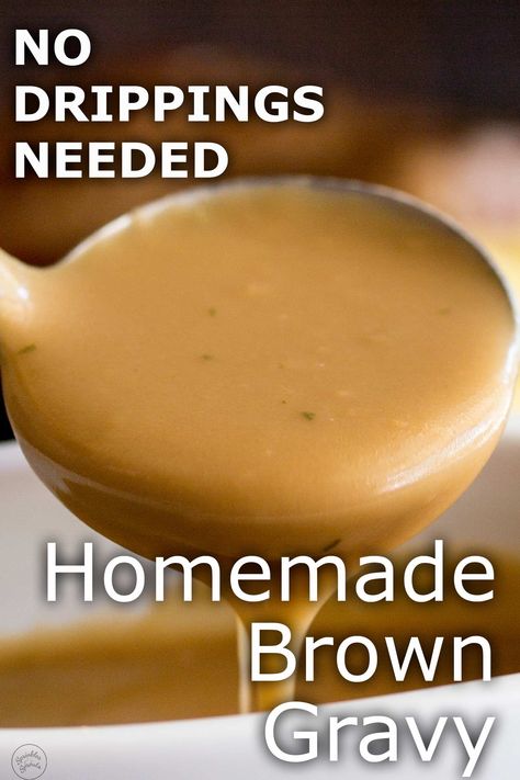 Learn how to make Homemade Brown Gravy from scratch. So easy, this gravy can be made without drippings as it is thickened with flour. The flavor comes from beef broth/stock whilst the rich texture comes from some butter and a splash of heavy cream. The perfect gravy for serving with your beef roast, pork chops or sausage and mashed potatoes. Gravy No Drippings, Sausage And Mashed Potatoes, Brown Gravy From Scratch, Pork Gravy Recipe, Homemade Beef Gravy, Easy Homemade Gravy, Beef Gravy Recipe, Turkey Gravy Recipe Easy, Homemade Brown Gravy