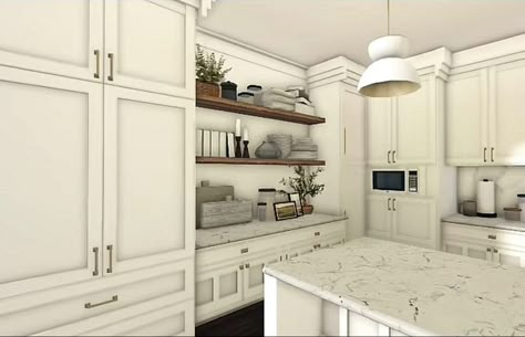 White Kitchen Bloxburg, Realistic Kitchen Ideas Bloxburg, Bloxburg Kitchen Farmhouse, Suburban Bloxburg Kitchen, Bloxburg Room Ideas Kitchen, Kitchen Bloxburg Ideas, Bloxburg Pantry Ideas, Suburban House Interior, Realistic Farmhouse