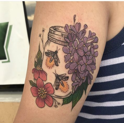 Jar Tattoo, Tattoo Touch Up, Golden Tattoo, Firefly Tattoo, Lilac Tattoo, Bug Tattoo, Mushroom Tattoos, Floral Tattoo Sleeve, Flower Tattoo Sleeve