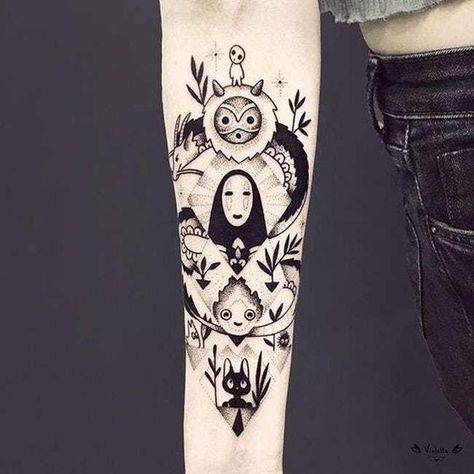 An Ensemble Of Ghibli's Fi... is listed (or ranked) 1 on the list If You're Not Spirited Away By These Studio Ghibli Tattoos, We Can't Be Friends Kodama Tattoo, Tattoo Finder, Miyazaki Tattoo, Tatuaje Studio Ghibli, Studio Ghibli Tattoo, Tattoo Diy, Ghibli Tattoo, Tattoos Geometric, Leg Sleeve