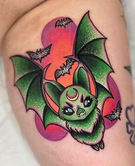 Cartoon Bat Tattoo, Scary Tattoo Designs, Bat Tattoos, Cute Halloween Tattoos, Bats Tattoo Design, 2023 Tattoo, Tattoo Leggings, Tattoo Artist Tattoo, Goth Tattoo