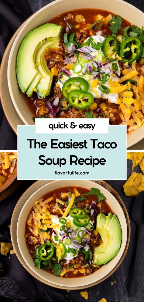 This taco soup recipe is perfect for busy weeknights – a quick and easy taco soup made with ground beef. Cooked on the stovetop, it combines beans, corn, and taco seasoning for amazing flavors. Enjoy the best taco soup with this homemade taco soup that’s sure to satisfy. Try this ground beef taco soup for a hearty quick soup! Black Bean Taco Soup, Ground Beef Taco Soup, Best Taco Soup Recipe, Quick And Easy Taco Soup, Best Taco Soup, Beef Taco Soup, Pork Side Dishes, Easy Taco Soup Recipe, Taco Soup Recipe Easy