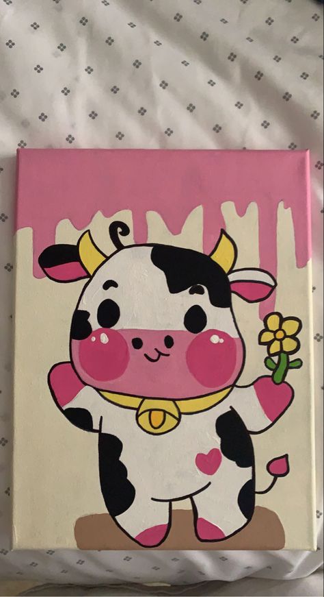 Cute Canvas Art Easy, Cute Pig Painting, Cartoon Cow Painting, Canvas Painting Ideas Cartoon, Cute Cow Painting, Cavas Art, Pig Painting, Kids Canvas Art, Cartoon Cow