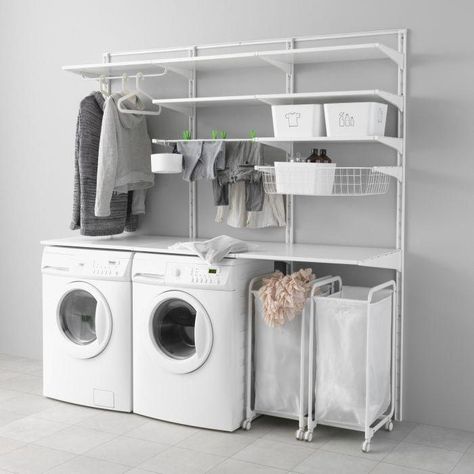 Ikea Closet Design, Algot Ikea, Ikea White Shelves, Ikea Closet System, Ikea Laundry, Ikea Algot, Ikea Laundry Room, Closet Small Bedroom, Small Laundry Room Organization