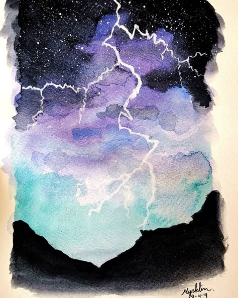 Lightning . . . . . #myart #aquarell #watercolour #watercolor #art #lightning #thunder #Storm #purple #blue #black #stars #sky #fairytail… Watercolor Lightning Storm, Lightning Watercolor Painting, Lightning Art Paintings, Thunder Storm Drawing, Thunderstorm Watercolor, Lightning Art Drawing, Nhs Art, Watercolor Lightning, Lightening Art