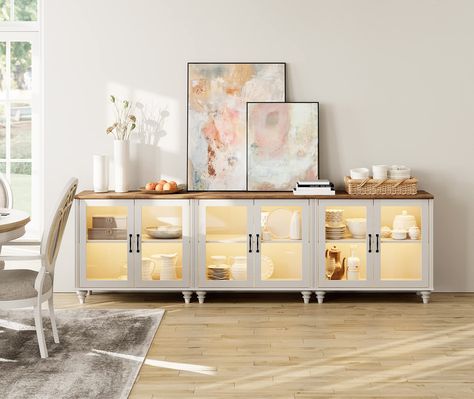 PRICES MAY VARY. 【3-in-1 Multipurpose Sideboard】The 3-in-1 large buffet table can be used separately as three glass cabinets. In addition to kitchen buffet cabinet, it can be placed in the living room as an entertainment center or in the entryway as a console table. Overall Dimension: 33.9"×15.7"×30.9"(L×W×H). They are sent separately in three packages, so you may receive them at different times. 【Elegant & Stylish Appearance】Featuring off white distressed wood surface and mid century style, the Glass Entryway Table, Kitchen Buffet Cabinet, White Buffet, Glass Cabinets, Wood Tv Cabinet, Kitchen Buffet, Glass Cabinets Display, Kitchen Sideboard, Glass Cabinet Doors