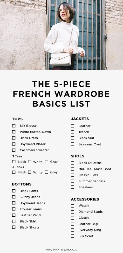 The secret to dressing like an effortless French girl—this list. These are the basics of every French girl wardrobe. Wardrobe Basics List, 5 Piece French Wardrobe, French Wardrobe Basics, Black Suit Dress, French Wardrobe, Parisienne Chic, French Girl Style, Bette Davis, French Girls