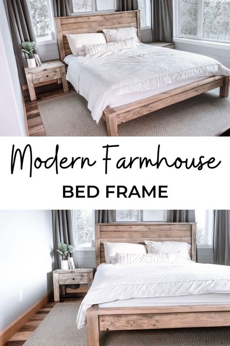 Wood Farmhouse Bed Frame, Farmhouse Queen Bed Frame Diy, Full Size Bed Frame Low, Diy Bed Frame Farmhouse, Wooden Bed Frame Plans, How To Build A Bed Frame Platform, Diy Rustic King Bed Frame, How To Make A Wooden Bed Frame, King Sized Bed Frame Diy