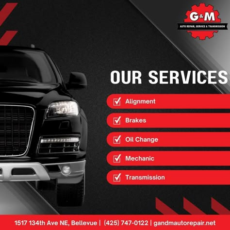 We offer complete automotive repair and service for all makes and models. Visit us for a variety of automotive services ranging from basic maintenance to heavy repair on all domestic and foreign vehicles. #GandMAuto #BellevueCarRepair #autorepair #GMAutomotive #carreapirspecialists Auto Service Logo, Flyer Car, Car Banner, Tire Shop, Car Advertising Design, Rent Car, Auto Repair Shop, Cars Design, Service Logo