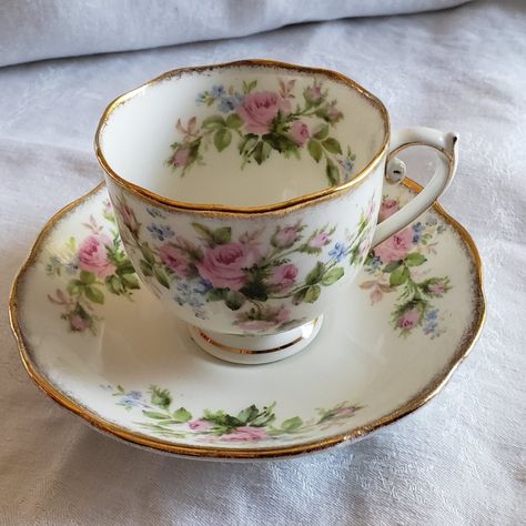 Vintage Roslyn China England Moss Rose Pattern Cup And Saucer. This Delicate Set Features Floral Bouquets Inside The Cup And On The Exterior And Gold Trim. The Footed Cup And Handle. Unused, Displayed In China Cabinet Antique Tea Cups Vintage, Vintage Tea Cup Aesthetic, Theodore Core, Thrifted Mugs, Yale Dorm, Victorian Teacups, Tea Set Display, Fancy Plates, Coffee And Tea Bar